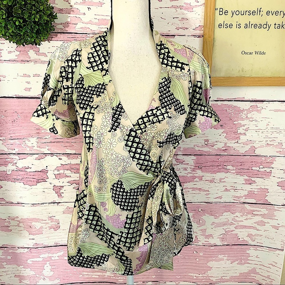 BCBGMAXAZRIA Satin Multi Printed Wrap Blouse XS
